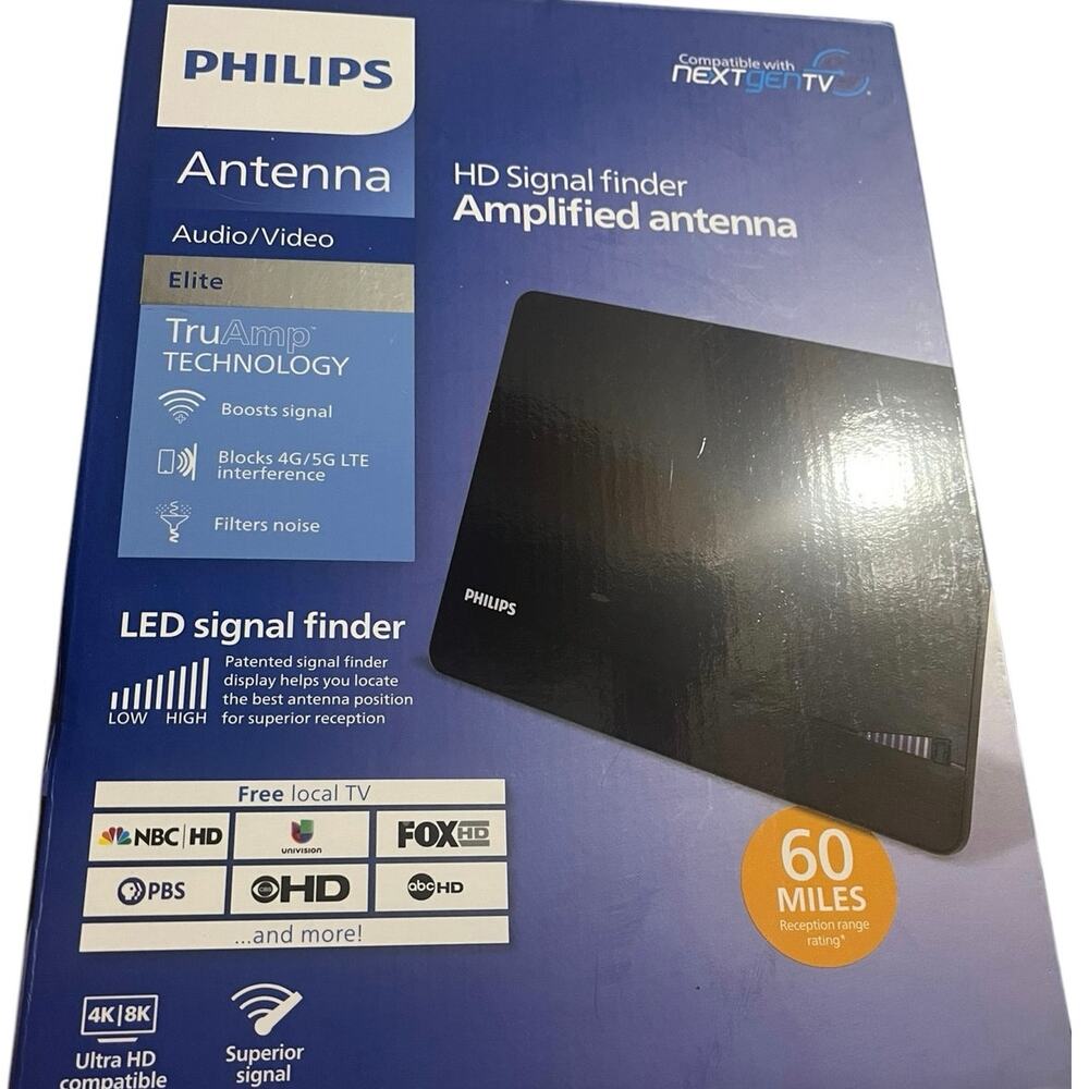 Philips HD Signal Finder Amplified Antenna from 60 Miles Tru Technology Boosts
